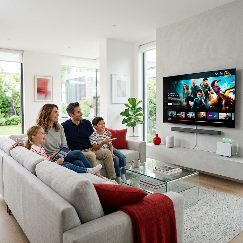 Family enjoying high-speed fiber internet streaming 4K TV